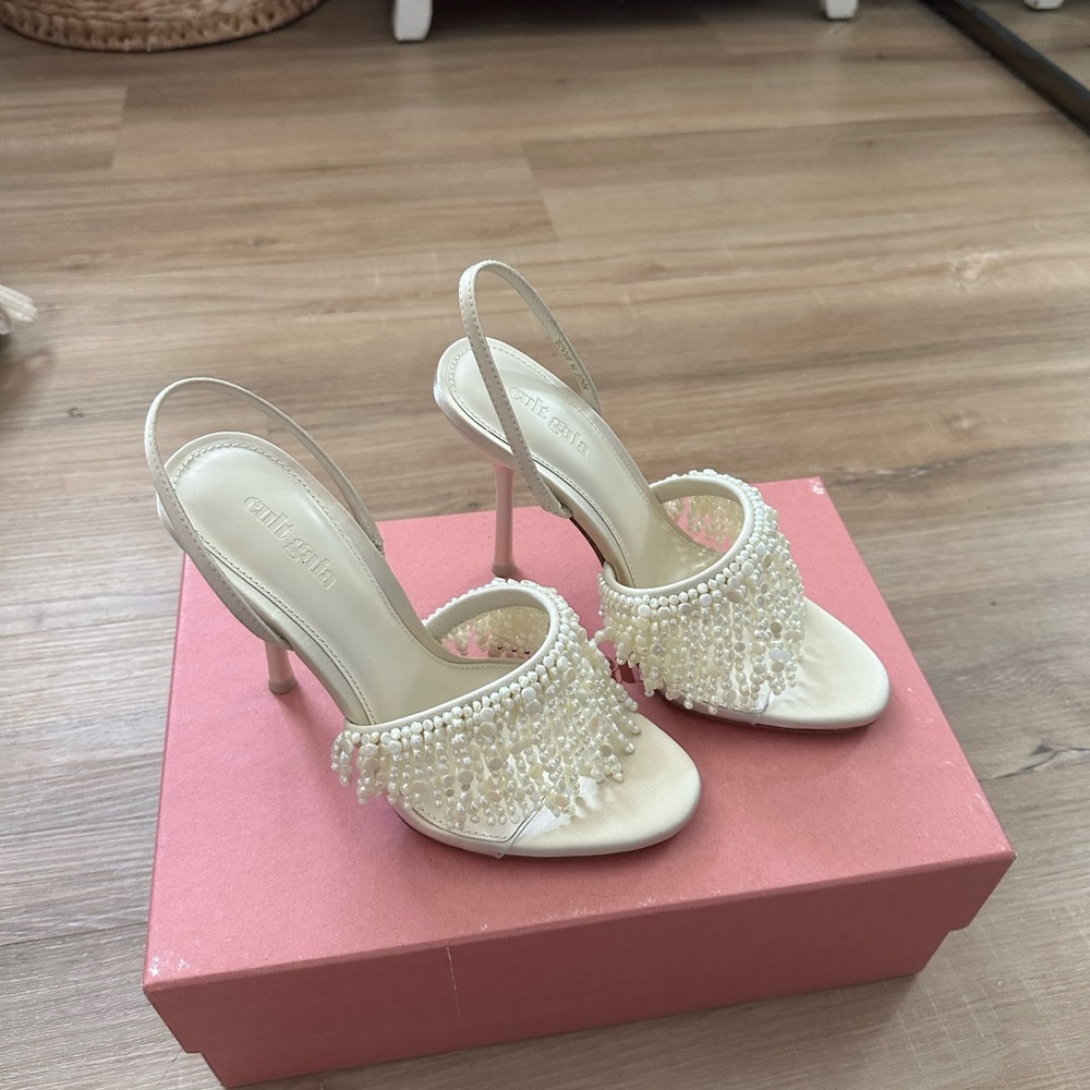 Cult Gaia Cream Heels with Pearl Fringe